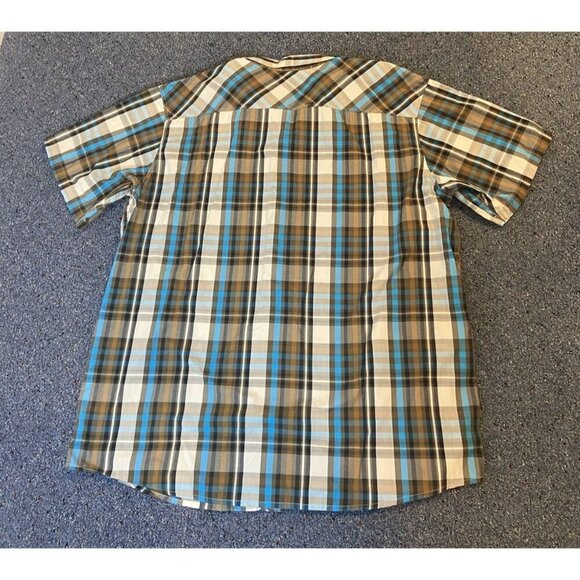 Mountain Hardwear Shirt Button Front Short Sleeve Brown Blue Cream Plaid 2XL - Picture 2 of 4